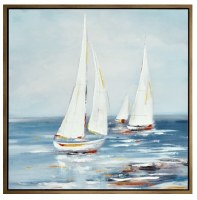 35" Sq White and Multicolor Sailboats Framed Coastal Canvas