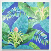 48" Sq Blue and Green Tropical Plants Canvas in a White Frame