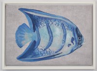 16" x 22" Blue Vertical Stripe Fish Canvas in a White Frame