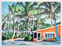 44" x 60" Orange House With Palm Trees Canvas in a White Frame
