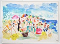 44" x 60" Multicolor Crowded Beach Canvas in a White Frame