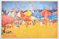 40" x 60" Multicolor Umbrellas and Beach People Canvas in a White Frame