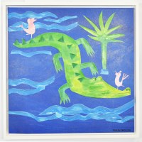 24" Sq Alligator With Birds Canvas in a White Frame