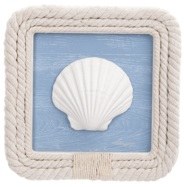 10" Square White Scallop Shell With a Blue Background and Rope Coastal Wall Art Plaque