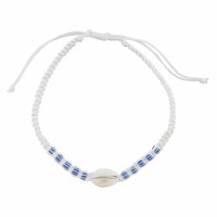 Blue and White Cowry Shell White Cord Bracelet