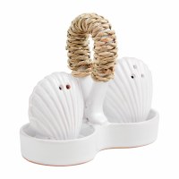 4" White Scallop Shell Salt and Pepper Shakers With a Holder by Mud Pie
