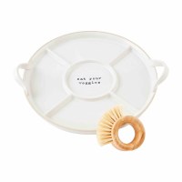 13" Round Distressed White Five Compartment Tray With a Veggie Brush by Mud Pie