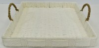 14" Sq White Woven Tray With Natural Handles by Mud Pie