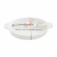 13" White Oval "Peace Out, Brussels Sprout" Cermaic Dish With a Spoon by Mud Pie