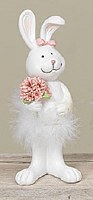 7" White Polyresin Bunny Holding a Flower Bouquet Figurine