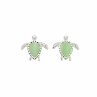 Silver Toned and Green Sea Turtle Stud Earrings