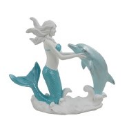 10" Turquoise and White Mermaid With a Dolphin Statue