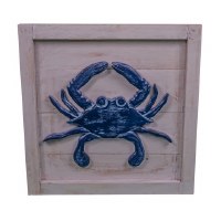 16" Sq Navy Crab on White Coastal Wood Wall Art Plaque