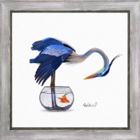 32" Sq Blue Heron Standing in a Fish Bowl Coastal Gel Textured Print in a Graywash Frame