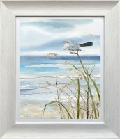 30" x 26" Songbird at the Beach 1 Coastal Gel Textured Print in a Distressed White Frame