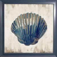 32" Sq Dark Blue Scallop Shell Coastal Gel Textured Print in a Dark Blue Frame