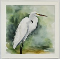 35" Sq White Egret 1 Green Gel Textured Coastal Print in a White Frame