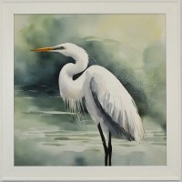 35" Sq White Egret 2 Green Gel Textured Coastal Print in a White Frame