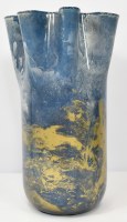 18" Blue, White, and Gold Swirls Glass Ruffle Vase