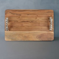 14" x 22" Wood and Silver Elephant Handles Serving Board