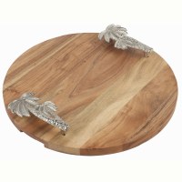 18" Round Wood and Silver Palm Tree Handles Board