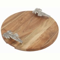 18" Round Wood and Silver Palm Tree Handles Serving Board