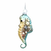 Blue and Gold Seahorse With Beads Glass Ornament