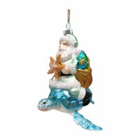 Santa on a Blue Sea Turtle Glass Ornament