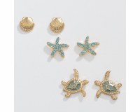 Set of Three Gold Toned and Aqua Sea Life Earrings