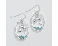 Silver Toned and Aqua Bling Dolphin Earrings