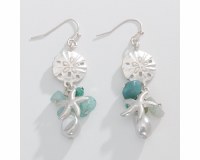 Silver Toned and Aqua Sand Dollar Dangle Earrings