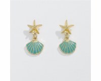 Gold Toned and Green Starfish and Scallop Shell Earrings