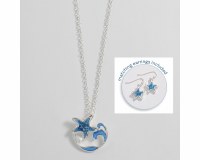 Silver Toned and Blue Starfish Necklace and Earrings Set