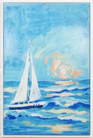 60" x 40" White Sailboat Sailing Towards the Sunset Canvas in a White Frame