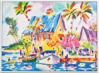 44" x 60" Multicolored Tropical House and Boats Canvas in a White Frame