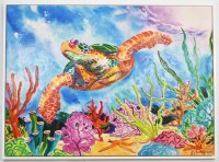 44" x 60" Sea Turtle Swimming Over a Multicolored Reef Canvas in a White Frame