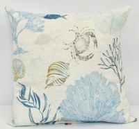 19" Sq Blue and Taupe Coral Scene Decorative Pillow