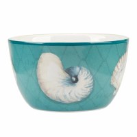 5" Round Teal Ceramic Nautilus and Scallop Shell Bowl