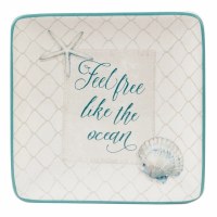 6" Sq White and Teal "Feel Free Like The Ocean" Ocean View Ceramic Plate
