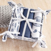 Set of Three Blue and White Kitchen Towels With a Holder