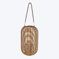 14" Natural and Black Rattan Lantern With a Glass Candle Holder