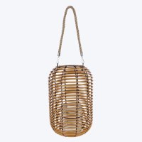 14" Natural and Black Rattan Lantern With a Glass Candle Holder