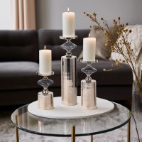 Set of Three Silver Metal and Gray Marble Candle Holders