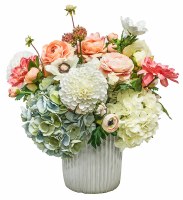 20" Faux Multipastel Flowers in a White Ceramic Ribbed Vase