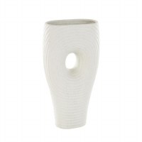 16" White Ribbed Ceramic Vase With a Hole