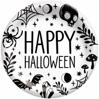 Pack of 12 7" Round Black and White "Happy Halloween" Paper Plates