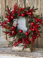 28" Round Faux Red Berries and Ornaments Pine Wreath