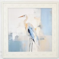 31" Sq Blue Abstract Heron 1 Coastal Gel Textured Print in a Distressed White Frame
