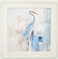 31" Sq Blue Abstract Heron 3 Coastal Gel Textured Print in a Distressed White Frame