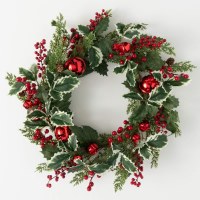 24" Round Faux Holly and Red Bells Wreath